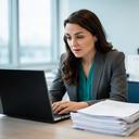 Elīna Baweja testing software on a laptop beside a stack of review notes